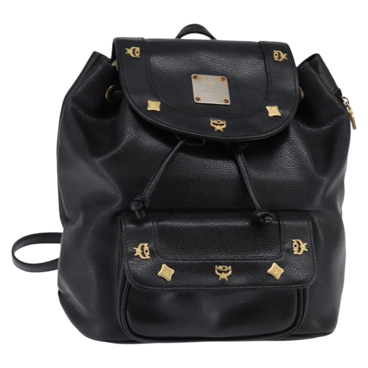 Mcm Backpack Leather Black Gold Auth Ba5614